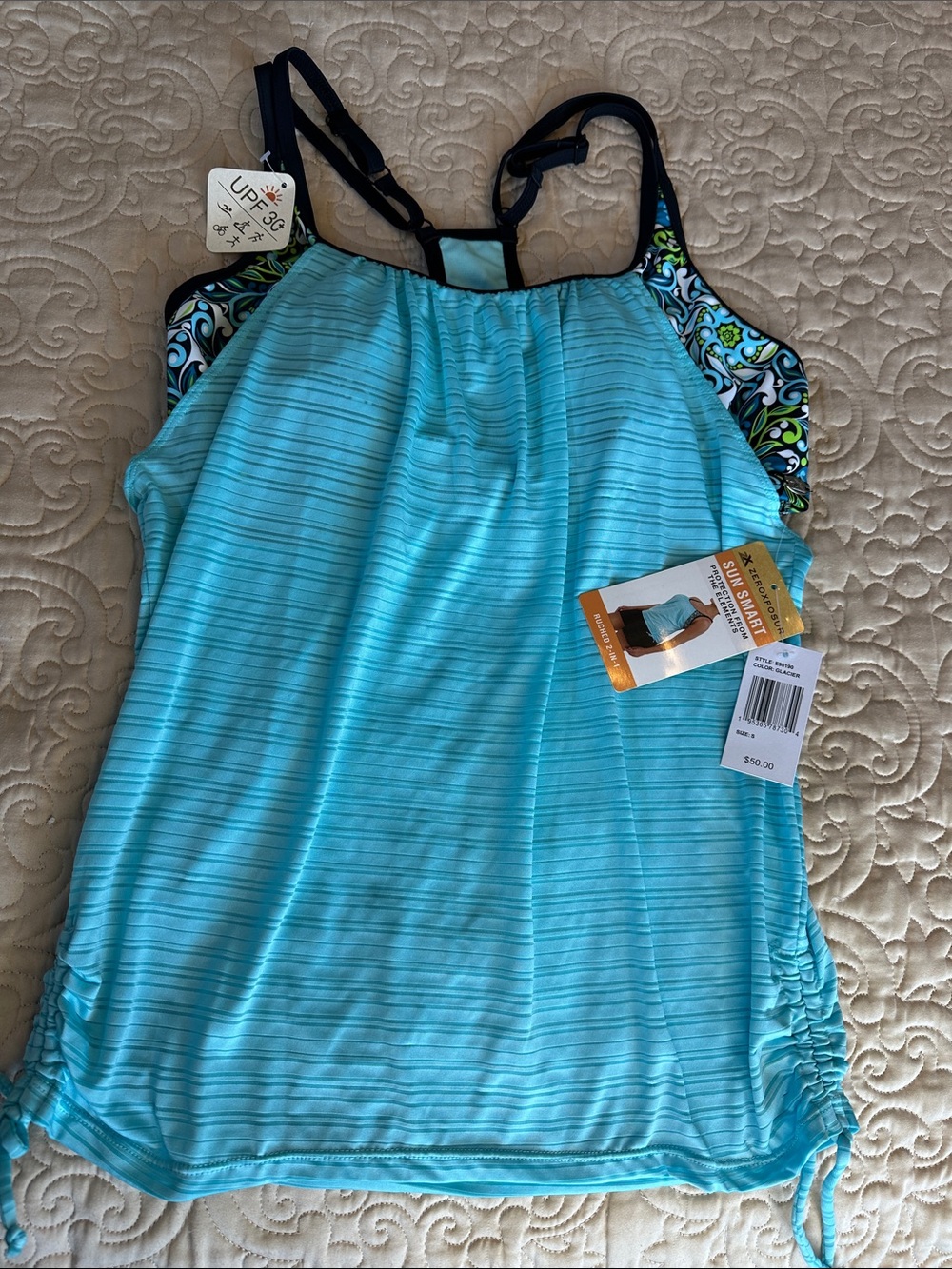 ZeroXposur Aqua Striped Tankini Camisole with Patterned Side‎ Panels